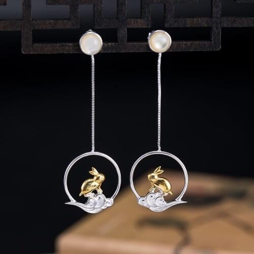 925 Silver Medium Long Xiangyun Ear Line Female Lovely Romantic Jade Rabbit Chinese Traditional Culture Accessories