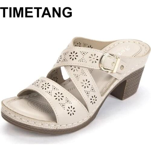 TIMETANG Big Size Female Shoes Slippers Women Summer Square heel Low Heeled Mules Slides 2021 Block Soft High Basic Casual Rome