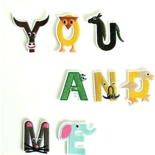 Animal 26 Cute English Letter Patch for Clothing Iron on Embroidered Sewing Applique Sew On Fabric Badge DIY Apparel Accessories