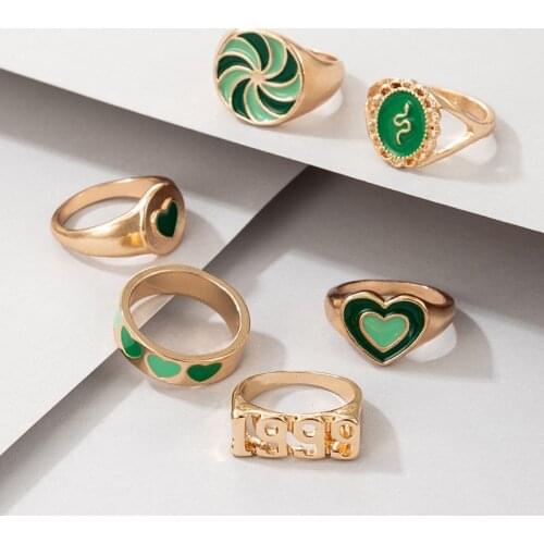 6pcs fashion creative cute windmill snake-shaped love heart ring retro dripping metal ring ladies party jewelry