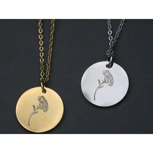 Simple Stainless Steel Glossy Gold Color Flower Pattern Carved Pendant Chain Necklace Women Trendy Round Tag Choker Neck Jewelry