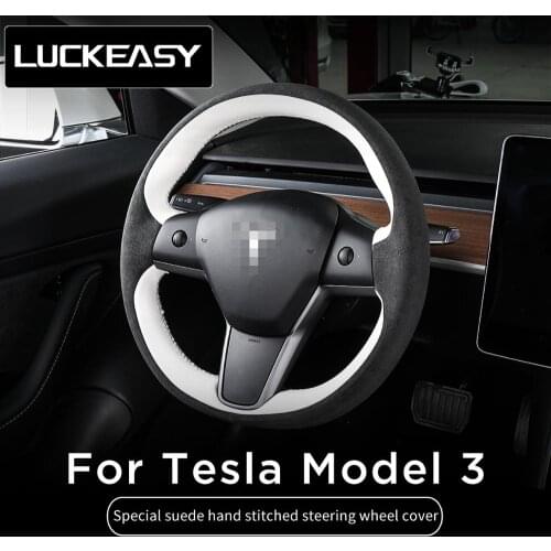 LUCKEASY Car Interior Modification For Tesla Model 3 Leather Italy imported Alcantara Hand Stitched Steering Wheel Cover
