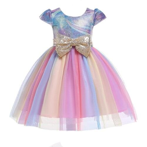 FOCUSNORM Summer Princess Girls Dress Rainbow Color Mesh Design Short Sleeve Sequin Bow Lace Tutu Dress 3 Colors