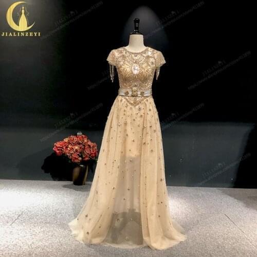 JIALINZEYI Real Picture Gold Beads Crystal Luxurious short sleeves Formal party Dress evening Dresses