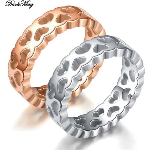 DarkMag Stainless Steel Hollow Heart Rings For Women Girls Rose Gold Silver Color Female Engagement Wedding Ring Jewelry