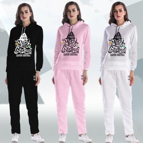 Fashion Women Sets 2PCS Sports Suit Long Sleeve Casual Christmas Printed Hoodies Sweater Top With Solid Long Trousers Pants