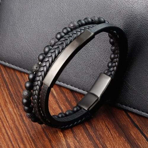 Fashion Natural Stone Beads Men Bracelet Multilayer Leather Bracelet Punk Jewelry Stainless Steel Magnetic Clasp Bangles