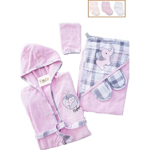 Fozy Pink Girl Elephant Plaid 4 Piece Bathrobes Set and 3'lü Socks