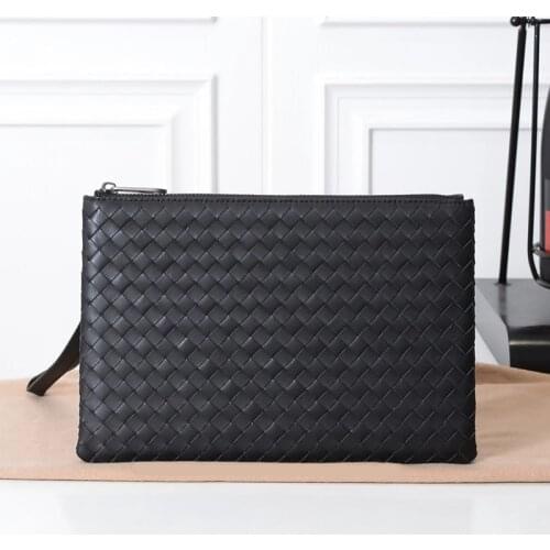 New Cowhide Genuine Leather Woven Clutch Bag Men Wallet With Hand Strap Fashion High Quality Soft Large Capacity Luxury Purse