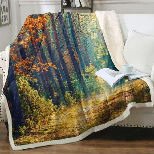 Newest Nature Blankets For Bed Autumn Forest Leaf Sherpa Blanket Morning Scenery Mantas Trees Landscape Fashion Blanket