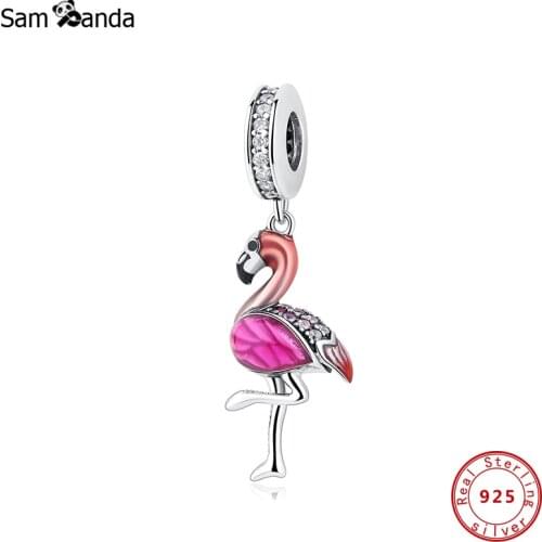 Charms 925 Sterling Silver Original Fit Bracelet Women Jewelry Diy Beads Flamingo Pendant Crystal Charm