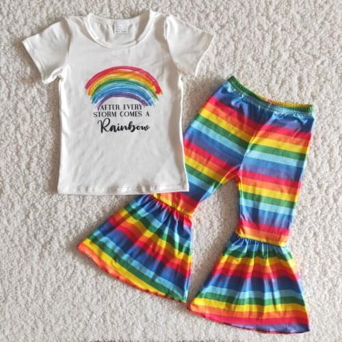 Free Shipping 2021 Baby Girls rainbow Printed short sleeves shirt bell bottom cartoon pants sets Children boutique wholesale