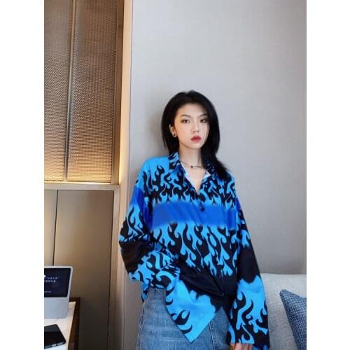 Top summer Korean Harajuku style street blue flame printed long sleeve shirts loose casual shirt men and women trend