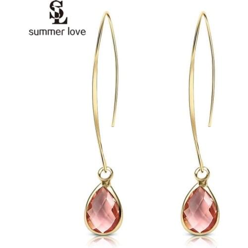 2020 Trendy Teardrop Crystal Dangle Earrings for Women Girls Fashion Gold Color Pink Waterdrop Long Earring Bridesmaid Jewelry