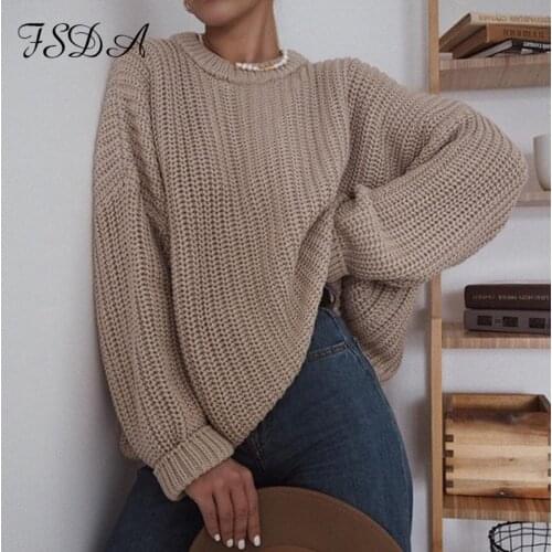 FSDA O Neck Women Loose Knitted Sweater Casual Autumn Winter Khaki Pullover 2020 Long Sleeve Oversized Fashion Jumper Female