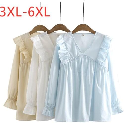 New 2021 Ladies Spring Autumn Plus Size Tops For Women Large Blouse Long Sleeve Loose Cotton Blue Ruffle Shirt 3XL 4XL 5XL 6XL
