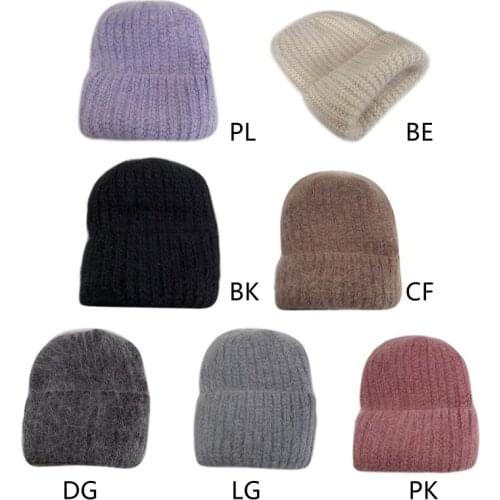 Women Winter Thicken Warm Fuzzy Plush Knitted Beanie Hat Simple Plain Solid Color Harajuku Stretch Cuffed Skull Cap