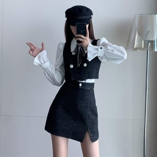 Three-Piece Sets Female Retro Chic Autumn Casual Fashion Shirt + Small Fragrance Vest + High Waist Lace A-Line Skirt Women Suits