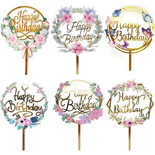 Gold Cake Topper Acrylic Happy Birthday Flower Dessert Toppers Dessert Decoration Party Wedding Cakes Dessert Decor Lovely Gifts