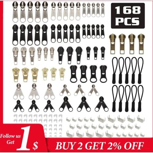 168 pcs Metal Zipper Slider Zipper Head Pull Replacement Repair Kit for Clothing Backpacks DIY Zip Fastenings Accessories