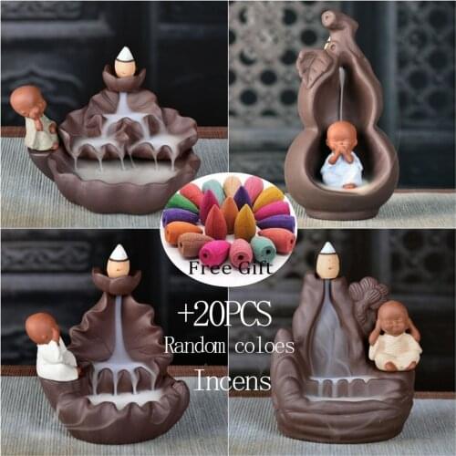 +20pcs incense cone Incensory Buddha Statue Incense Cones Ceramic Censer Holder Burner Backflow Incense Burner Smoke Home Deco