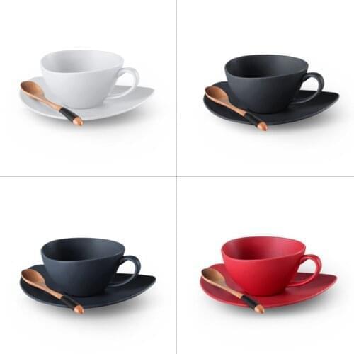 200 ml Pure color ceramic coffee cup and saucer porcelain tea cup set espresso cups latte cup with Wooden Spoon party drinkware