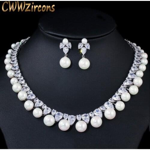 CWWZircons Sparkling Cubic Zirconia Paved Round Big Wedding Pearl Necklace Earrings Costume Jewelry Sets for Women Party T366