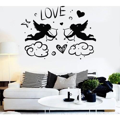 Eros Cupids Wall Sticker Romantic Wedding Room Wall Decoration Love Heart Sign Decal Angel Bow Art Mural Removable Romance Quote