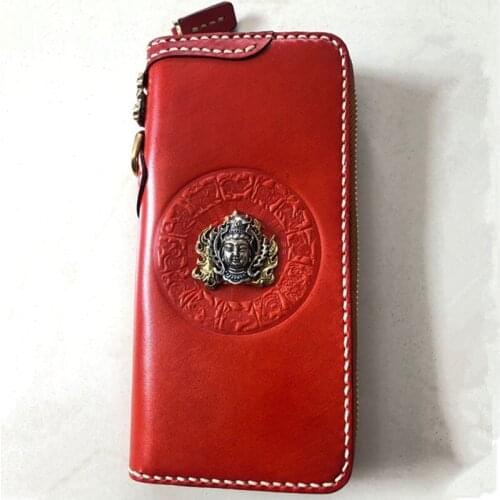 2019 Genuine Leather Buddha Head Wallets Embossing Bag Purses Women Men Long Clutch Vegetable Tanned Leather Wallet Card Holder