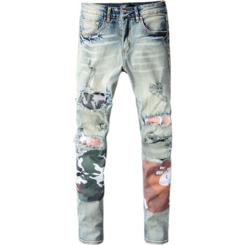 High Street Tide Brand New Light Color Patch Destroy Knife Cut Patch Jeans Mens Stretch Slim Pants Denim Trousers For Men 686