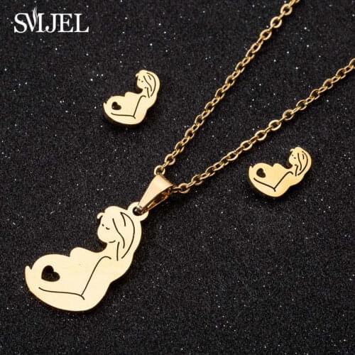SMJEL Stainless Steel Mom Baby Necklaces Set Love Mum Mothers Necklace Earring For Children Kids Jewelry 2019 Dropshipping