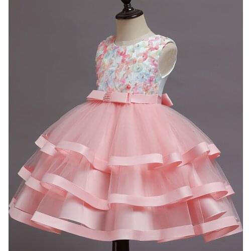 Spring Summer Teenage Flower Girls Baby Kids Princess Dress Lace Mesh Girl Fluffy Skirt Female Bow Childrens Pleated Dresses