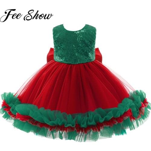 Girl Sequins Christmas Dress For Kids Party Gown Cosplay Santa Costumes Children Bowknot Ruffled Hem Mesh Tutu Princess Dresses