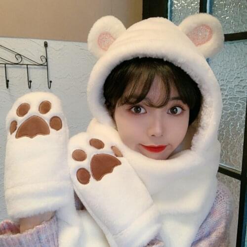 Bear plush hat woman with thick scarf hat gloves warm three-piece suit