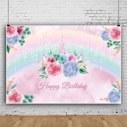 Laeacco Rainbow Unicorn Happy Birthday Party Decor Flowers Tassel Baby Shower Photocall Poster Customized Photography Bbackdrops