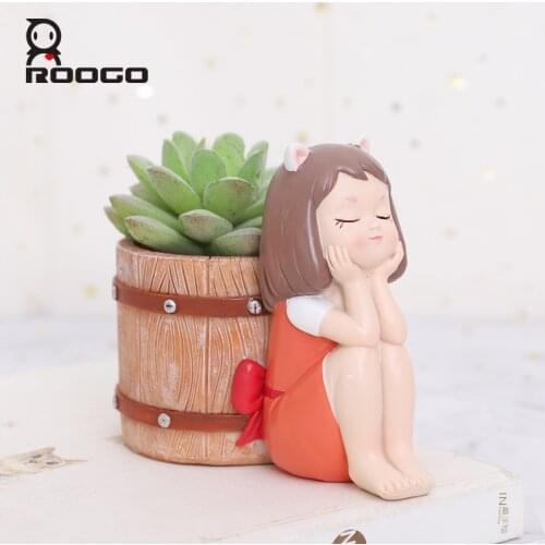 Roogo FlowerPot Resin American Style Flower Pots Decorative Cute Girl Succulents Plants Pot For Home Garden Balcony Decoration