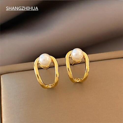 SHANGZHIHUA 2021 new trend light luxury gold pearl earrings exquisite simple earrings for women fashion jewelry party gifts