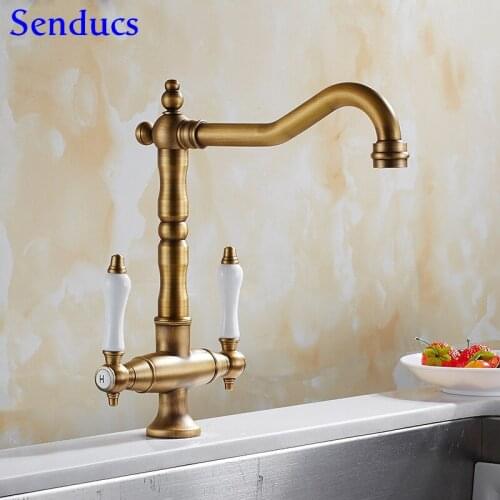 Senducs Antique Kitchen Sink Mixer Tap Quality Brass Bathroom Basin Faucet Dual Handle Hot Cold Antique Kitchen Sink Faucet