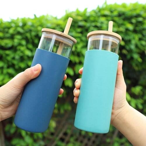 500Ml Glass Tumbler Glass Water Bottle Straw Silicone Protective Sleeve Cute Water Cup Bamboo Lid Heat-Resistant Glass