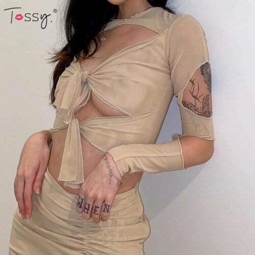Tossy 2021 Summer Two Piece Set Dress Hollow Out Bandage Top And Ruched Mini Skirt Set Sexy See Through Party Clubwear Fashion