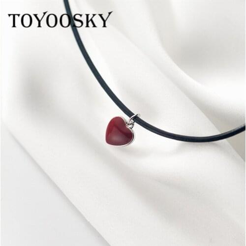 TOYOOSKY 2020 New 925 Sterling Silver Red Heart Shape Necklace Black Leather Rope Chain Choker Necklaces Jewelry