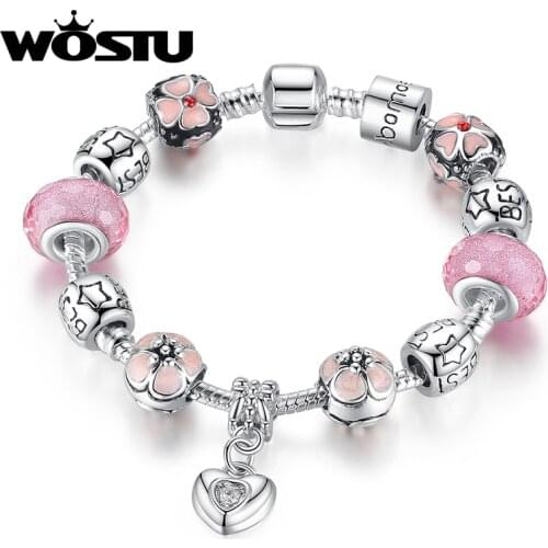 WOSTU Romantic Silver Plated Flower Heart Charm Beads Bracelet DIY Jewelry for Women Fit Original Bracelets Pulseira 1459