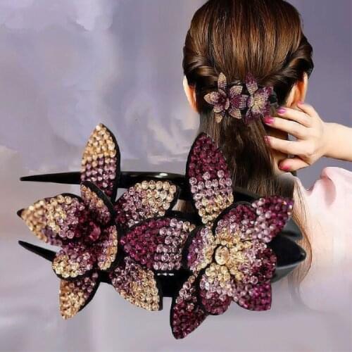 Rhinestone Double Flower Hair Clip Ladies Elegant Hairpin Crystal Beads Duckbill Clip Women Fashion Hairgrip Hair Accessories