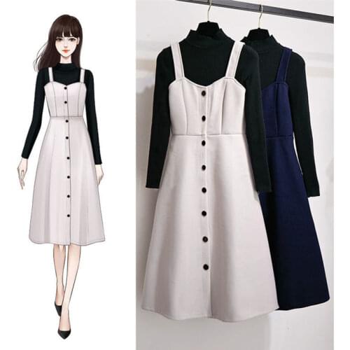 Women Winter Knitted Woolen Dress Suit Office Lady High Waist Strap Spaghetti Tank Dress Sundress Vestidos Two Pieces Set