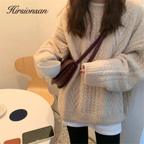 Hirsionsan Harajuku Winter Sweater Women Crewneck Twisted Pull Tops Knitted Pullover Solid Color Jacket Vintage Oversized Jumper