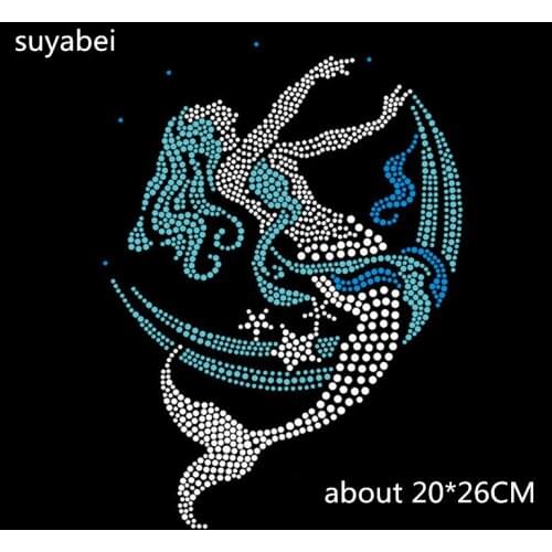 2pc/lot Mermaid iron on crystal transfers design appliques hot fix rhinestone motif designs patch for shirt pillow