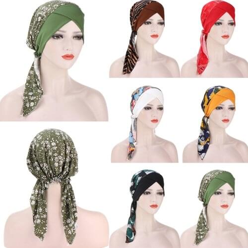 2021 New Fashion Print Woman Turban Hat Soft Elastic Flowers Lady Muslim Headdress Wrap Head Scarf Hijab Caps Turbante Female