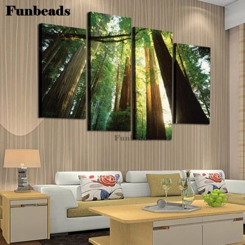 Diamond Embroidery Green Forest 4 Piece Tree Pattern Diamond Painting Full Square/Round Drill Pictures of rhinestones FF5550