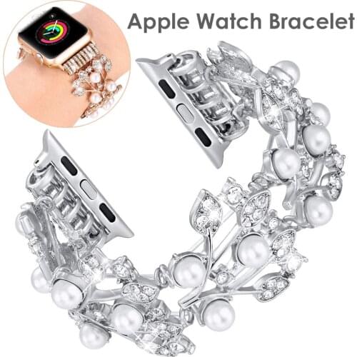 Cuf Wristband for Apple Watch Band 38mm 40mm 42mm 44mm Bling Elastic Pearl Beaded Bracelet for IWatch Bands Women Series 5 4 3 2