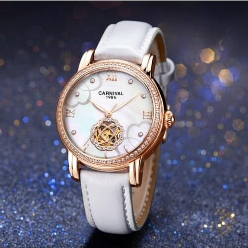 Fashion Women Watches Tourbillon Automatic Watch Women CARNIVAL Mechanical Watch MIYOTA Leather band Luminous Relogio femenino